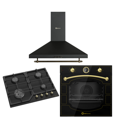 PACK2 NOIR RIBETES RUSTIQUES PACKAGE OR (plaque de cuisson + four + hotte)