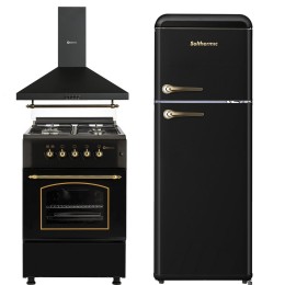 SOLTHERMIC® COMBO PACK NEGRO RÚSTICO COCINA GAS F6S40G2 NEGRA RÚSTICA + CAMPANA H60PR + FRIGORIFICO RETRO 1,47 F2PR147N