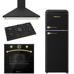 SOLTHERMIC® COMBO PACK PLACA GAS 90 BL042 NEGRA 5 FUEGOS + HORNO ELÉCTRICO NEGRO + CAMPANA 90 NEGRA + FRIGO RETRO 1,47 NEGRO