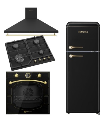 SOLTHERMIC® PLACA GAS SA022W NEGRA MANDOS DORADOS 	+ HORNO ELÉCTRICO NEGRO + CAMPANA DE 60 NEGRA + FRIGO RETRO 1,47 NEGRO