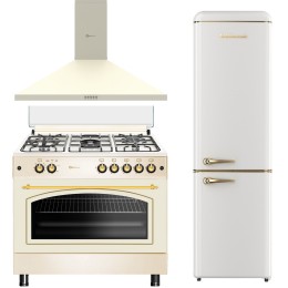 SOLTHERMIC® COMBO PACK COCINA GAS CREMA RÚSTICA 90X60 HORNO PANORÁMICO + CAMPANA DE 90 CREMA + FRIGO COMBI RETRO 1,88 CREMA