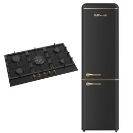 SOLTHERMIC® COMBO PACK FOGÃO A GÁS 90 BL042 PRETO RÚSTICO 5 QUEIMADORES COM WOK + FRIGO-COMBI RETRO 1,88 PRETO