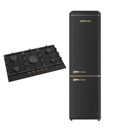 SOLTHERMIC® PLACA GAS 90 BL042 NEGRA RÚSTICA 5 FUEGOS CON WOK + FRIGO-COMBI RETRO 1,88 NEGRO