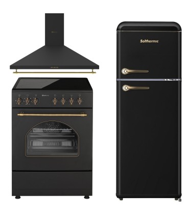 SOLTHERMIC® COCINA VTC NEGRA RÚSTICA 60X60 + CAMPANA DE 60 NEGRA RÚSTICA + FRIGO RETRO 1,47 NEGRO