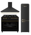 SOLTHERMIC® COCINA GAS NEGRA RÚSTICA 90X60 HORNO ELECTRICO PANORAMICO + CAMPANA 90 NEGRA + FRIGO-COMBI RETRO 1,88 FCR188N NEGRO