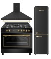 SOLTHERMIC® COCINA GAS NEGRA RÚSTICA 90X60 HORNO PANORÁMICO + CAMPANA 90 NEGRA + FRIGO-COMBI RETRO 1,88 FCR188N NEGRO