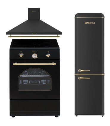 SOLTHERMIC® COMBO PACK 60X60 VTI60 PRETO FOGÃO DE INDUÇÃO + 60 PRETO EXAUSTOR RÚSTICO + FRIGO-RETRO FRIGORÍFICO 1,88 FCR188N PRE