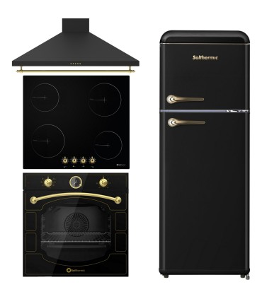 SOLTHERMIC® COMBO PACK PLACA VITRO PVTC60 4 FUEGOS RUSTICA + CAMPANA DE 60 NEGRA + FRIGORIFICO RETRO 1,47 F2PR147N NEGRO