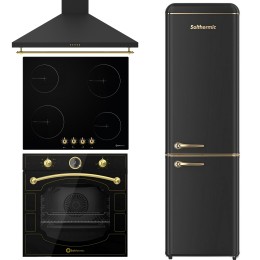 SOLTHERMIC® COMBO PACK PLACA VITRO PVTC60 4 FUEGOS RUSTICA + CAMPANA DE 60 NEGRA + FRIGO-COMBI RETRO 1,88 FCR188N NEGRO