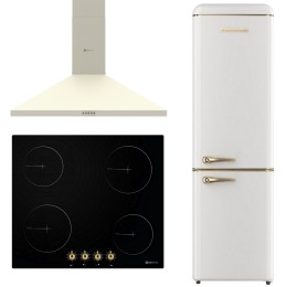 SOLTHERMIC® PLACA VITRO PVTC60 4 FUEGOS RUSTICA + CAMPANA DE 60 CREMA + SOLTHERMIC® FRIGO-COMBI RETRO 1,88 FCR188N NEGRO
