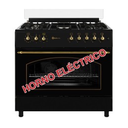 SOLTHERMIC® COCINA F9L50E5RB GAS NEGRA RÚSTICA 90X60 HORNO ELECTRICO PANORAMICO