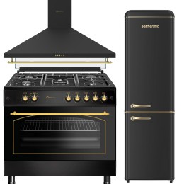 SOLTHERMIC® COMBO PACK PRETO RÚSTICO FOGÃO A GÁS 90X60 FORNO PANORÂMICO + EXAUSTOR 90 + FRIGO-COMBI RETRO 1,88 FCR188N PRETO