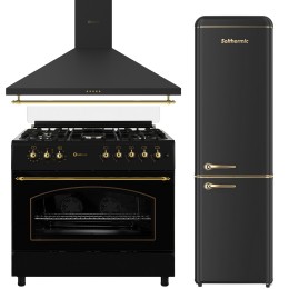 SOLTHERMIC® COMBO PACK FOGÃO A GÁS PRETO RÚSTICO 90X60 FORNO ELÉCTRICO PANORÂMICO + EXAUSTOR 90 + FRIGO-COMBI RETRO 1,88