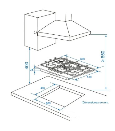SOLTHERMIC® PLACA GAS 90 BL042 NEGRA RÚSTICA 5 FUEGOS + WOK