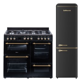 [PREVENTA] SOLTHERMIC® COMBO PACK COCINA RANGE COOKER NEGRA RUSTICA 7 FUEGOS CON 3 HORNOS ELÉCTRICOS + FRIGO-COMBI RETRO 1,88