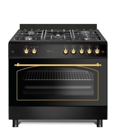 SOLTHERMIC® COMBO PACK COCINA GAS F9L50G2RB CON HORNO PANORAMICO NEGRA RÚSTICO + CAMPANA DECORATIVA H90PR