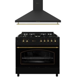 SOLTHERMIC® COMBO PACK COCINA GAS F9L50G2RB CON HORNO PANORAMICO NEGRA RÚSTICO + CAMPANA DECORATIVA H90PR
