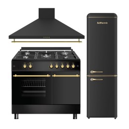 SOLTHERMIC® COMBO PACK COCINA GAS NEGRO RÚSTICO 90X60 PORTABOMBONA + CAMPANA DE 90 + FRIGO-COMBI RETRO 1,88