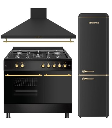 SOLTHERMIC® COMBO PACK COCINA GAS NEGRO RÚSTICO 90X60 PORTABOMBONA + CAMPANA DE 90 + FRIGO-COMBI RETRO 1,88