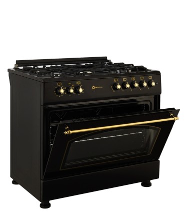 SOLTHERMIC® COMBO PACK FOGÃO A GÁS PRETO RÚSTICO 90X60 FORNO ELÉCTRICO PANORÂMICO + EXAUSTOR PRETO RÚSTICO 90