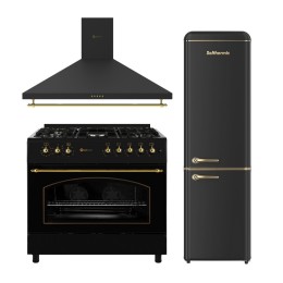 SOLTHERMIC® COMBO PACK FOGÃO A GÁS PRETO RÚSTICO 90X60 FORNO ELÉCTRICO PANORÂMICO + EXAUSTOR 90 + FRIGO-COMBI RETRO 1,88