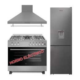 SOLTHERMIC® COMBO PACK COCINA F9L50E5I INOX HORNO ELECTRICO + CAMPANA 90 INOX + FRIGO-COMBI 1,85 INOX NO FROST CON DISPENSADOR