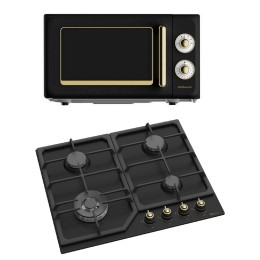 SOLTHERMIC® COMBO PACK PLACA GAS SA022W NEGRA MANDOS DORADOS + MICROONDAS RUSTICO NEGRO