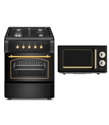 SOLTHERMIC® COMBO PACK F6S40G2RB FOGÃO A GÁS RÚSTICO PRETO 60X60 + FORNO MICROONDAS RÚSTICO PRETO
