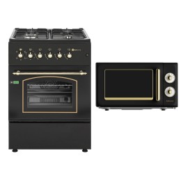 SOLTHERMIC® COMBO PACK F6S40E5RB FOGÃO A GÁS PRETO RÚSTICO 60X60 COM FORNO ELÉCTRICO + FORNO MICROONDAS PRETO RÚSTICO