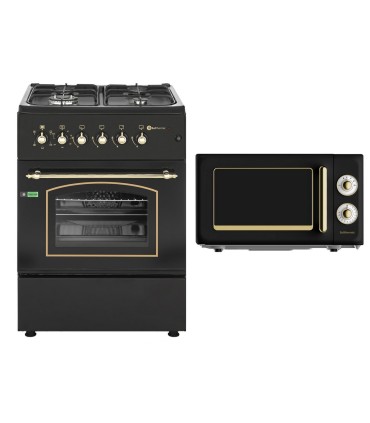 SOLTHERMIC® COMBO PACK F6S40E5RB FOGÃO A GÁS PRETO RÚSTICO 60X60 COM FORNO ELÉCTRICO + FORNO MICROONDAS PRETO RÚSTICO