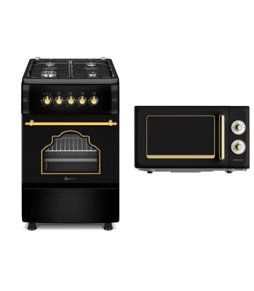 SOLTHERMIC® COMBO PACK F5S40G2RB FOGÃO A GÁS RÚSTICO PRETO 50X55 + FORNO MICROONDAS RÚSTICO PRETO