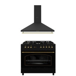 SOLTHERMIC® COMBO PACK FOGÃO A GÁS PRETO RÚSTICO 90X60 FORNO ELÉCTRICO PANORÂMICO + EXAUSTOR PRETO RÚSTICO 90