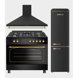 SOLTHERMIC® COMBO PACK COCINA GAS NEGRA RÚSTICA 90X60 HORNO PANORÁMICO + CAMPANA 90 + FRIGO-COMBI RETRO 1,88 FCR188N NEGRO