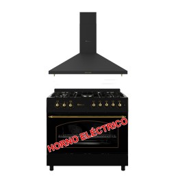 SOLTHERMIC® COMBO PACK FOGÃO A GÁS PRETO RÚSTICO 90X60 FORNO ELÉCTRICO PANORÂMICO + EXAUSTOR PRETO RÚSTICO 90