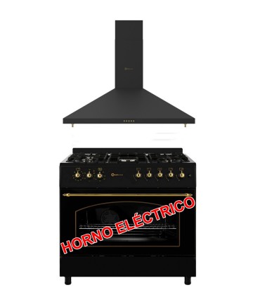 SOLTHERMIC® COMBO PACK COCINA GAS NEGRA RÚSTICA 90X60 HORNO ELECTRICO PANORAMICO + CAMPANA NEGRA RÚSTICA 90
