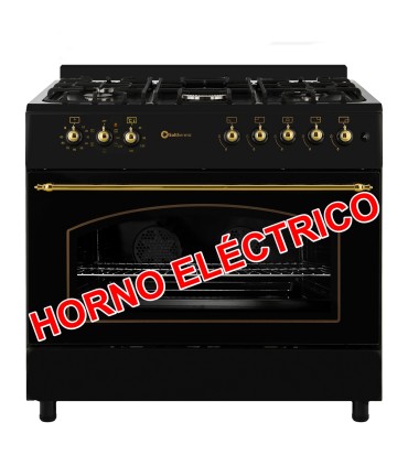 SOLTHERMIC® COMBO PACK COCINA GAS NEGRA RÚSTICA 90X60 HORNO ELECTRICO PANORAMICO + CAMPANA NEGRA RÚSTICA 90