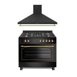 SOLTHERMIC® COMBO PACK FOGÃO A GÁS F9L50G2RB COM FORNO PANORÂMICO PRETO RÚSTICO + EXAUSTOR DECORATIVO H90PR