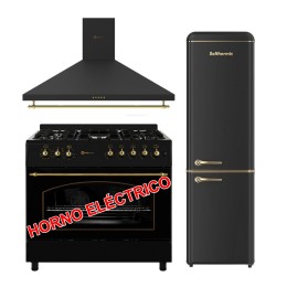SOLTHERMIC® COMBO PACK FOGÃO A GÁS PRETO RÚSTICO 90X60 FORNO ELÉCTRICO PANORÂMICO + EXAUSTOR 90 + FRIGO-COMBI RETRO 1,88