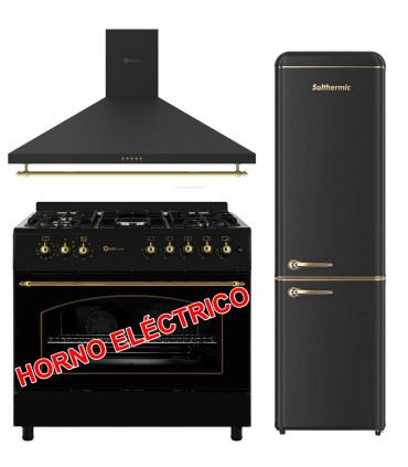 SOLTHERMIC® COCINA GAS NEGRA RÚSTICA 90X60 HORNO ELECTRICO PANORAMICO + CAMPANA 90 NEGRA + FRIGO-COMBI RETRO 1,88 FCR188N NEGRO