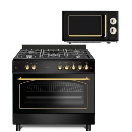 SOLTHERMIC® COMBO PACK COCINA F9L50G2RB GAS NEGRA RÚSTICA 90X60 HORNO PANORÁMICO + MICROONDAS RUSTICO NEGRO