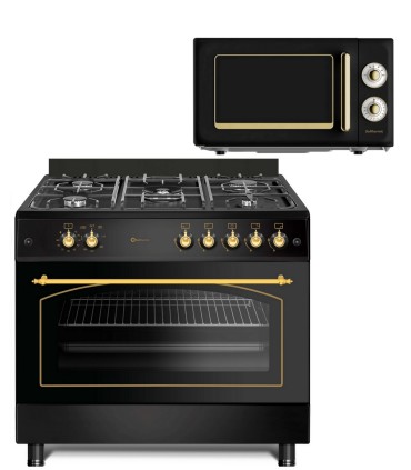 SOLTHERMIC® COMBO PACK COCINA F9L50G2RB GAS NEGRA RÚSTICA 90X60 HORNO PANORÁMICO + MICROONDAS RUSTICO NEGRO