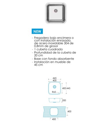 FREGADERO EDESA FUJI BE40X40 1C PLUS /A