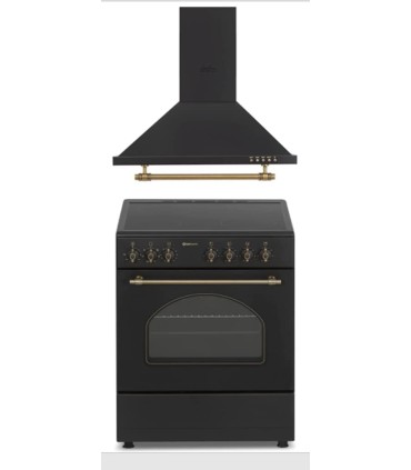 PACK PLAQUE DE CUISSON VITROCÉRAMIQUE AVEC FOUR + HOTTE ASPIRANTE/NOIR RUSTIQUE STYLE RÉTRO/60 CM DE LARGEUR