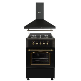 PACK SOLTHERMIC (NOIR RUSTIQUE ET GARNITURES DORÉES) CUISINIÈRE F6S40G2 NOIRE FOUR À GAZ + HOTTE 60 CM